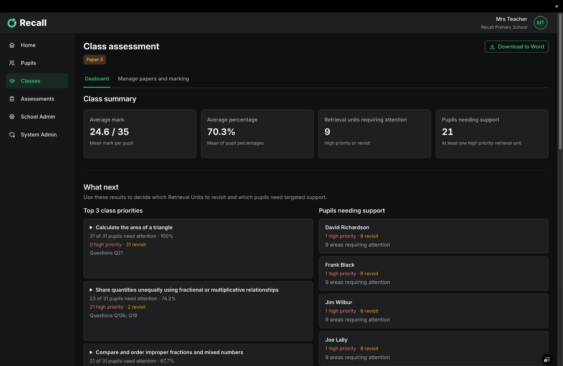 Recall class assessment dashboard showing the class summary and What next priorities